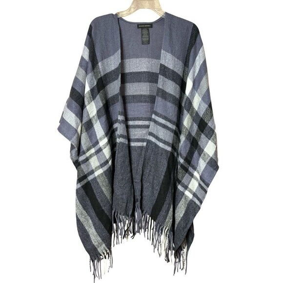 Banana Republic Cashmere Wool Blend Plaid Open Front Poncho Cape Fringe Unisex - Picture 1 of 8
